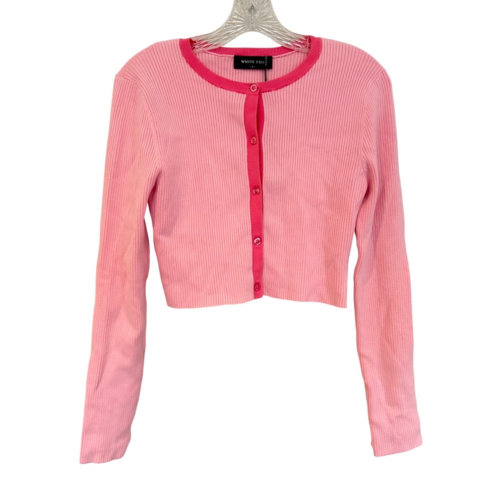 White Fox Ribbed Knit Cropped Cardigan Top Womens Small Pink Coquette Dainty NWT